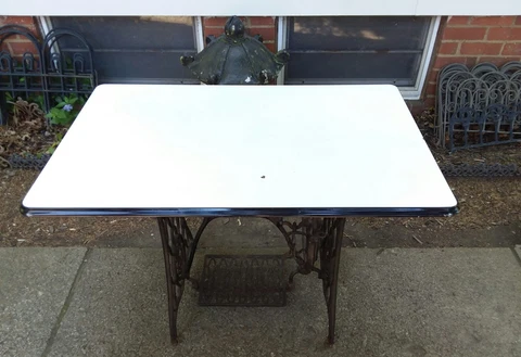 Vintage PORCELAIN ENAMEL ENAMELWARE TABLE CABINET TOP 40x25" WHITE-Black Antiq Cover