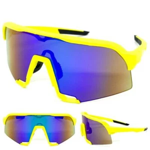 Oversized 90's RETRO SPORTY WRAP AROUND Style SUN GLASSES Yellow Frame Blue Lens - Picture 1 of 6