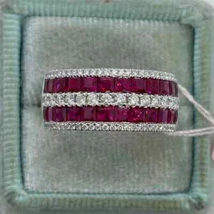 3CT Princess Cut Lab Created Ruby Eternity Engagement Ring 14K White Gold Plated - Picture 1 of 10