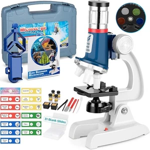 58-Piece Kids Microscope Kit - 100X-1200X Magnification, Metal Body, LED Light - Picture 1 of 6