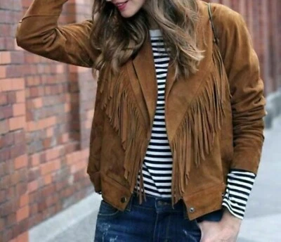 Women Western Wear Suede Leather Brown Fringe Native American Jacket Coat - Image 1 of 3
