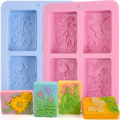 MOUKIWEEN Flower Soap Molds Silicone 2PCS 4 Cavities Rectangle 3oz Butterfly Flower Shape