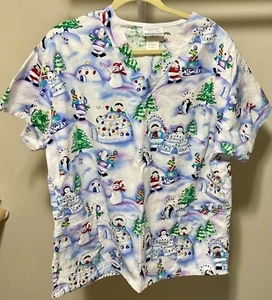 Fundamentally Cotton by White Swan SS Size L Holiday Snowman Penguin Scrub Top - Picture 1 of 2