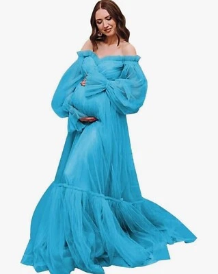 Fancy Maternity Dress Robes for Photo Shoot Ruffle Tulle Chic Prom Party Robes - Image 1 of 2