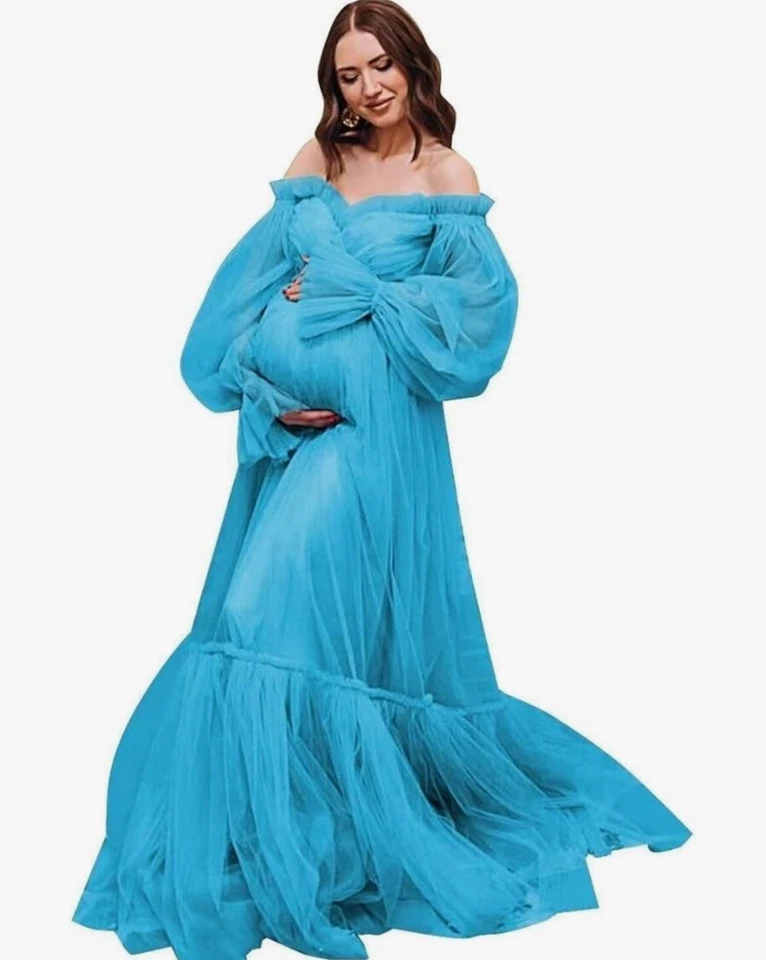 Fancy Maternity Dress Robes for Photo Shoot Ruffle Tulle Chic Prom Party Robes - Image 1 of 2