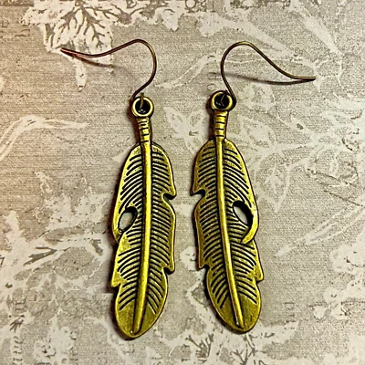 Bronze Tone Etched Feathers Charm Dangle Earrings. Birds. French Hooks. S407 - Image 1 of 2