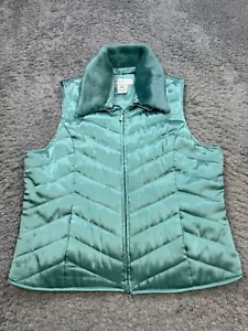 Susan Bristol Vest Women Large Mint Green Satin Faux Fur Collar Puffer Jacket - Picture 1 of 10