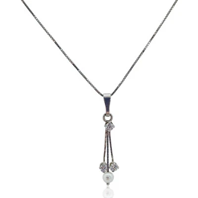 Collier maglia veneziana argento rodiato con ciondolo con perlina e punti luce - Immagine 1 di 2