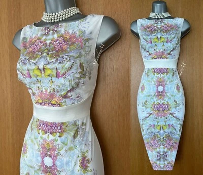 Karen Millen UK 10 Blanc Floral Imprimé Stretch Coton Dos Ouvert Robe Moulante - Photo 1/4