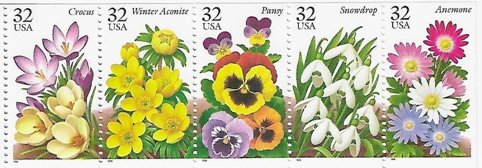 US Winter Garden Flowers 32c Stamp Strip of 5 Scott #3025 - 3029 - Image 1 of 1
