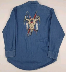 Vintage Crazy Cowboy Denim Blue Jean Steer Skull Embroidered Shirt Western USA  - Picture 1 of 5