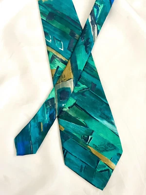 Corbata de seda tallada vintage - patrón abstracto verde y turquesa - Hecha en Francia Foto 1 de 4