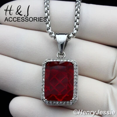 18-36"MEN Stainless Steel 3mm Silver Box Link Chain Simulated Ruby Pendant*AP98 - Image 1 of 4