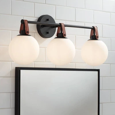 Luz de baño de 3 luces de cuero negro y marrón Nubuck 25 3/4" de ancho Foto 1 de 4