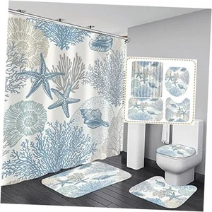  4 Pcs Beach Shower Curtain Set with Starfish, Seashell, Coral Light Blue - Picture 1 of 8