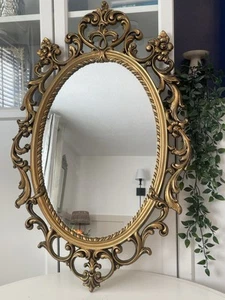 Vintage Gold Baroque Wall Mirror Scrolled Large Oval Ornate Mid Century Italy - Picture 1 of 8