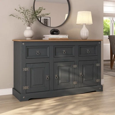 Corona Sideboard Charcoal Black 3 Door 3 Drawer Solid Pine Wood - Image 1 of 4