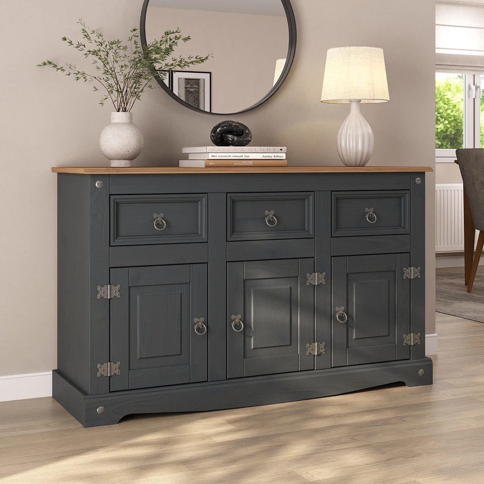 Corona Sideboard Charcoal Black 3 Door 3 Drawer Solid Pine Wood - Image 1 of 4