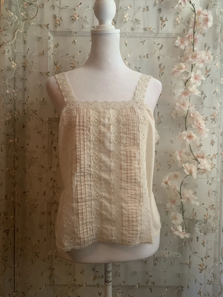 Camisola transparente de algodón y encaje bordada de colección años 90 rosa suave talla M Foto 1 de 4