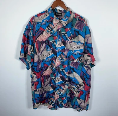 Camisa Seda Italia Color Años 90 Adulto XL Azul Patrón Abstracto Retro Manga Corta Foto 1 de 4