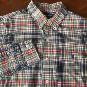 Ralph Lauren Custom Fit rot blau grün kariert Baumwolle Langarm Knopfleiste L - Bild 1 von 6