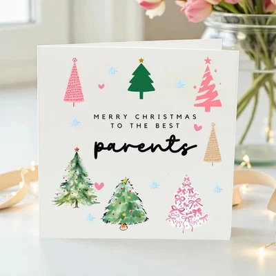 Merry Christmas to the Best Parents Card - Festive Tree Holiday Greeting - Image 1 of 4