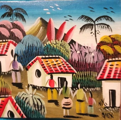 Pintura al óleo haitiana en miniatura vintage, pueblo de Haití, volcán, folkart colorido Foto 1 de 4