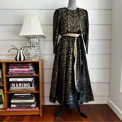 Vestido de noche vintage Diane Freis años 80 seda cuentas encaje dorado vestido de noche Foto 1 de 4