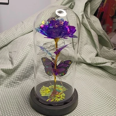 Rosa Galaxia Violeta Iluminar Flor Artificial Vidrio Cúpula Regalo San Valentín Foto 1 de 4