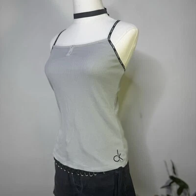 Camiseta sin mangas CALVIN KLEIN gris cuello cuadrado cami logotipo CK correa indie niña limpia Y2K M Foto 1 de 4
