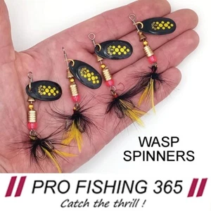 Trout Perch Fishing Spinners 4 x Size 2 Black Wasp Bait Yellow Feather - Picture 1 of 8