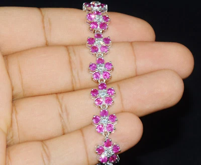 Certified Natural 18.6Ct VS F Diamond Ruby 18K Solid Gold Floral Tennis Bracelet - Image 1 of 4