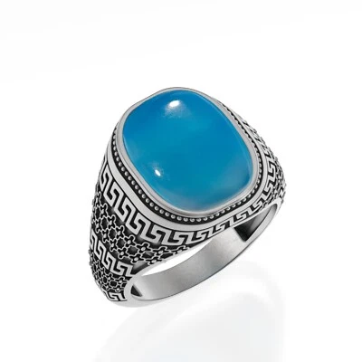 Anillo de plata de ley 925 para hombre calcedonia piedras preciosas naturales regalo para hombre Foto 1 de 4