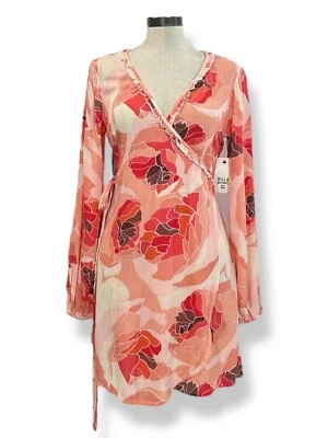 BILLABONG Ruffle Wrap Mini Dress Sz S Pink Red Floral Print VNeck Peasant Sleeve - Image 1 of 4