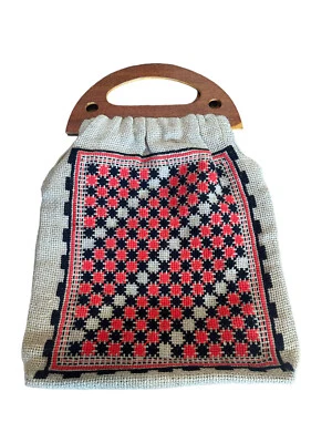 Cartera boho de arpillera vintage con asas de madera roja negra a cuadros de gran tamaño Foto 1 de 4