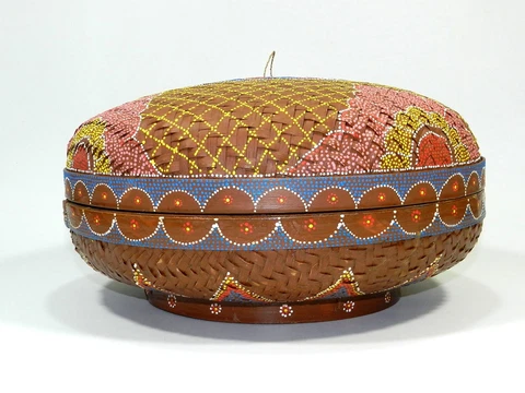 Hand Painted Woven Basket With Lid Round Cover