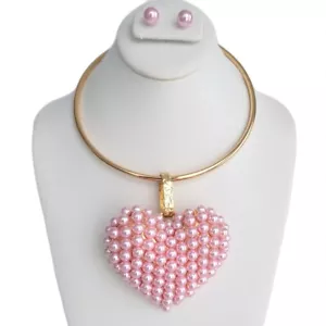 COLLAR COLGANTE CORAZÓN COLGANTE DE PERLAS ROSA IMITACIÓN MODA PENDIENTES DE GARGANTA - Imagen 1 de 3