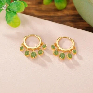 F02 Orecchini Cerchietti Con Appeso Verdi Giada Pietre Argento 925 Placcato Oro - Foto 1 di 5