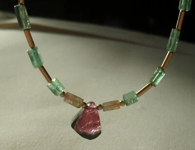 CeS Kette blaugrüner und gelb rosa Turmalin und Wassermelonenturmalin - Bild 1 von 4