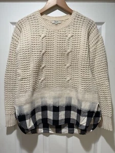 Madewell Women’s Chunky Cable Knit Sweater With Blk&Wht Plaid Trim Sz Small $168 - Picture 1 of 8