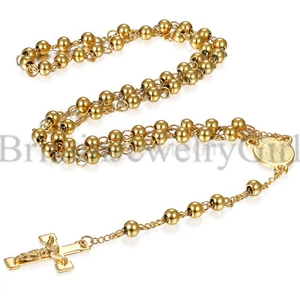 Stainless Steel 6mm Beads Jesus Christ Crucifix Cross Rosary Pendant Necklace - Picture 1 of 17