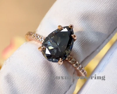 Anillo de compromiso de oro rosa macizo de 10 quilates moissanita pera gris oscuro de 2 quilates regalo para ella Foto 1 de 4