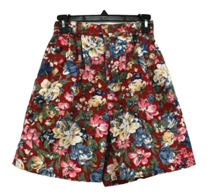 Vintage Gotcha Covered Womens Pleated Red Floral Print Denim Shorts USA Made 4 - Picture 1 of 7