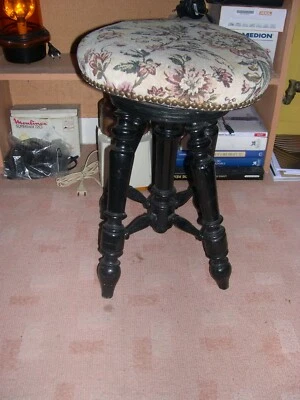 ANCIEN TABOURET DE PIANO BOIS noir a vis - Photo 1/3
