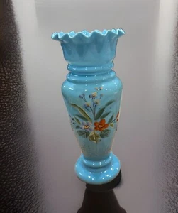 Vtg Hand Blown Robins Egg Blue Bristol Glass Vase Hand Painted Floral 9.75 In - Picture 1 of 5