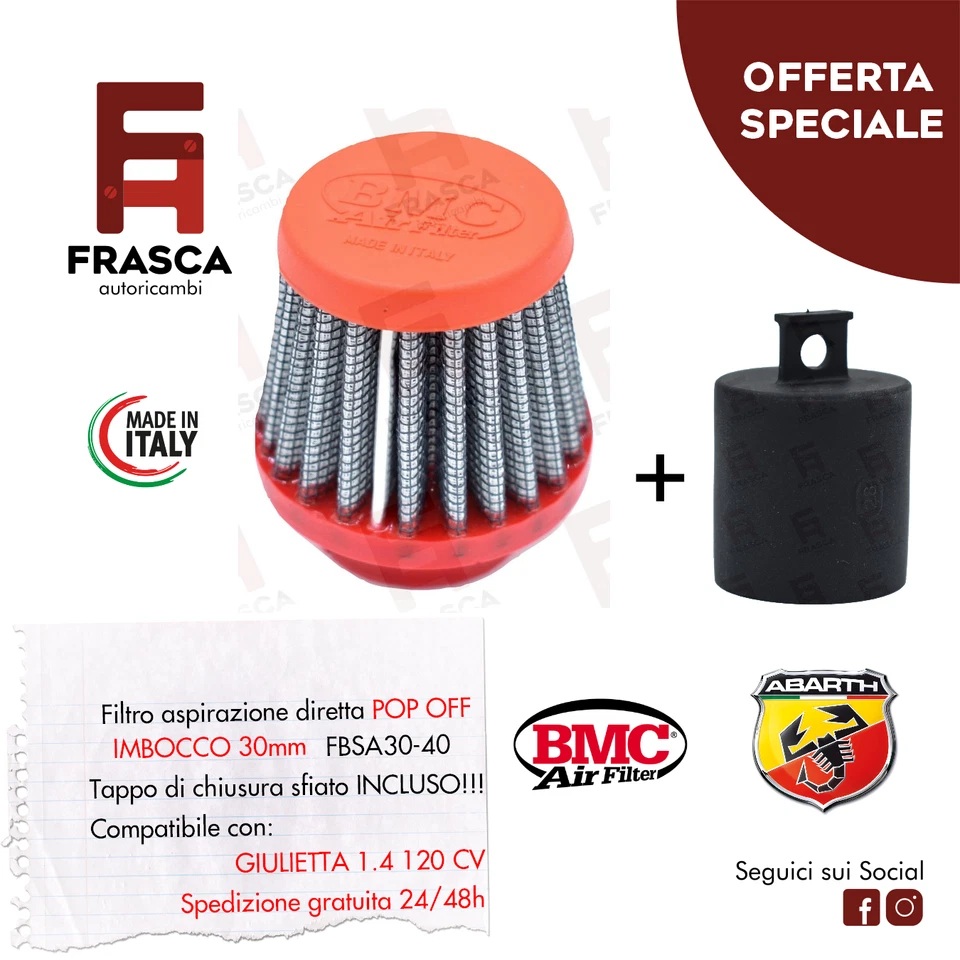 KIT FILTRO BMC + TAPPO ALFA ROMEO GIULIETTA MITO POP OFF SFIATO ESTERNO 30mm - Imagen 1 de 1