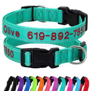 Reflective Nylon Personalised Dog Collar Embroidered Custom ID Name Phone Number - Picture 1 of 24