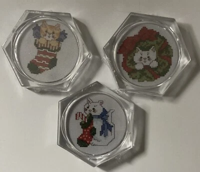 MGC Textiles VTG NOS Cross Stitch Pattern Christmas Kitty Coaster 1990's 3 Piece - Image 1 of 4
