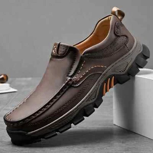 Men's Genuine Leather Hiking Shoes Non-slip Casual Loafer Comfortable Sneakers - Picture 1 of 28