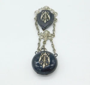 Art Nouveau Victorian Silver Plated Black Enamel Chatelaine Watch Fob Antique - Picture 1 of 6